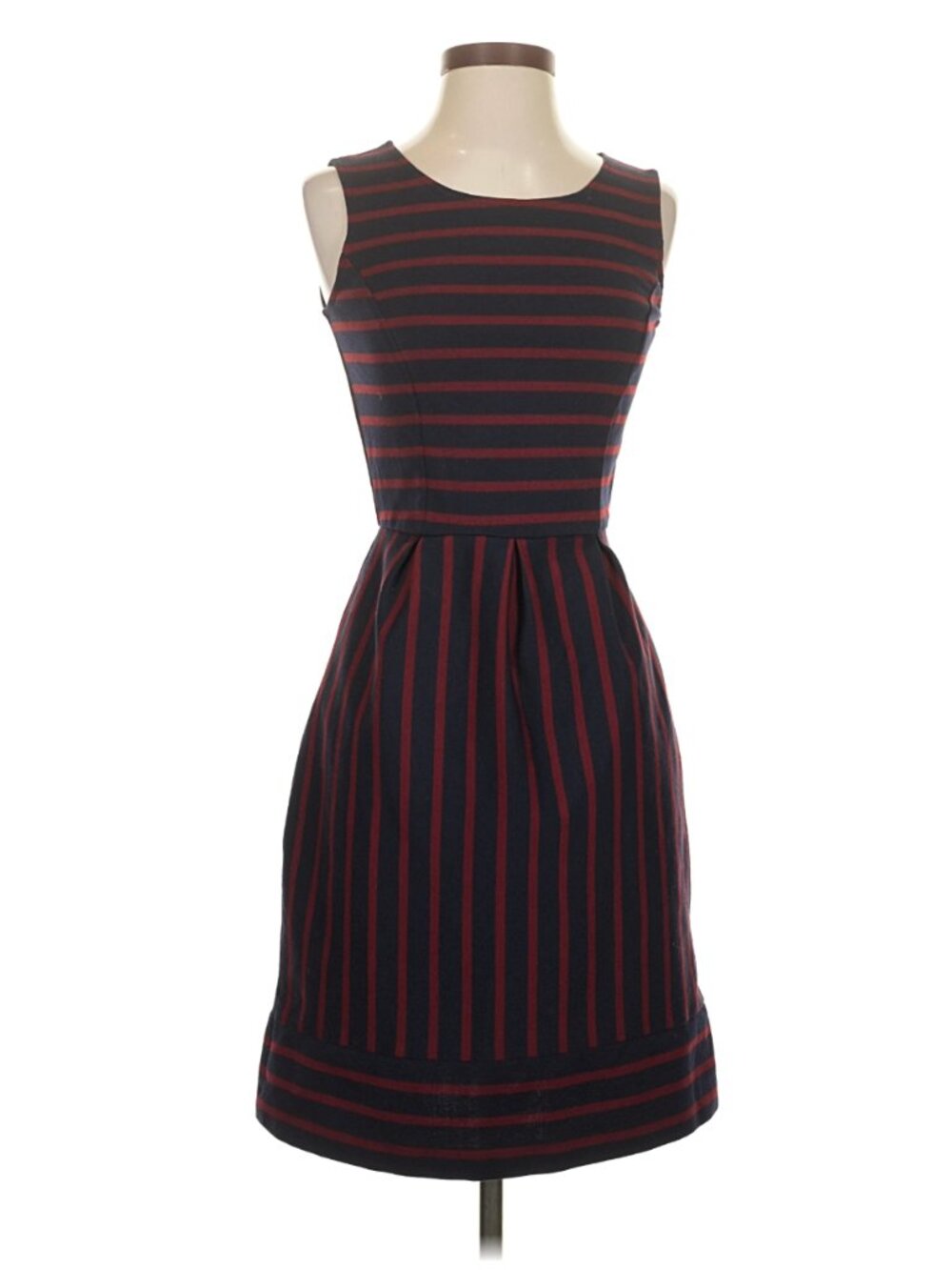 Women's Sleeveless Dress Navy Blue Burgundy Stripes Crewneck Zip Back Stretch‎